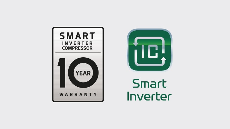 10yr warranty and Smar Inverter badges on grey background
