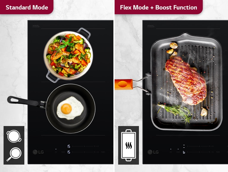 This image is segmented. On the left is the standard mode of the induction hob, and there is a pot on each burner. On the right is the boost function of the induction hob, and there is one pot on two burners. From the pot, you can see meat dishes that cooked over high heat so dishes are steaming.