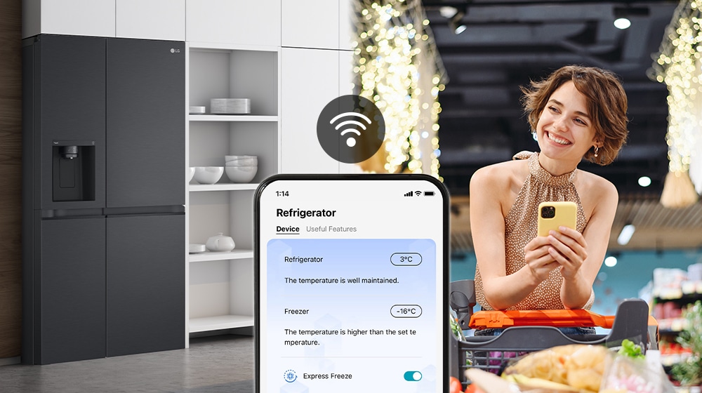 Image on the right shows a woman standing in a grocery store looking at her phone. Image on the left shows the refrigerator front view. In the center of the images is an icon to show connectivity between the phone and refrigerator.
