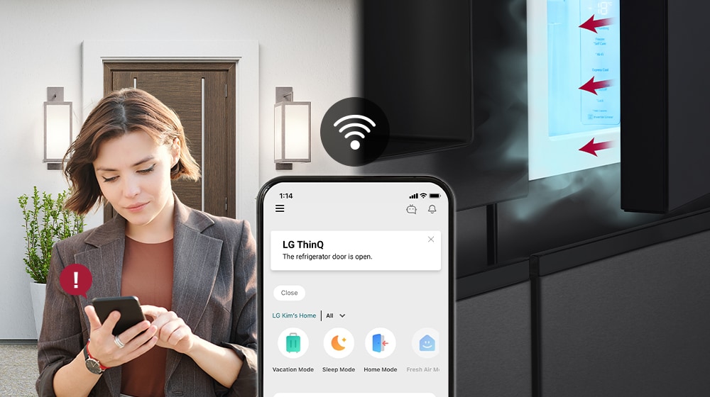 The image on the left shows a woman standing outside the house. The image on the right shows that the refrigerator door has been left open. In the foreground of the two images is the phone screen which shows the LG ThinQ app notifications and the Wifi icon above the phone.