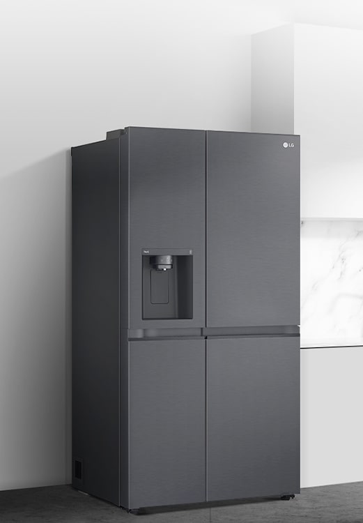 A side view of a kitchen with a black InstaView refrigerator installed.