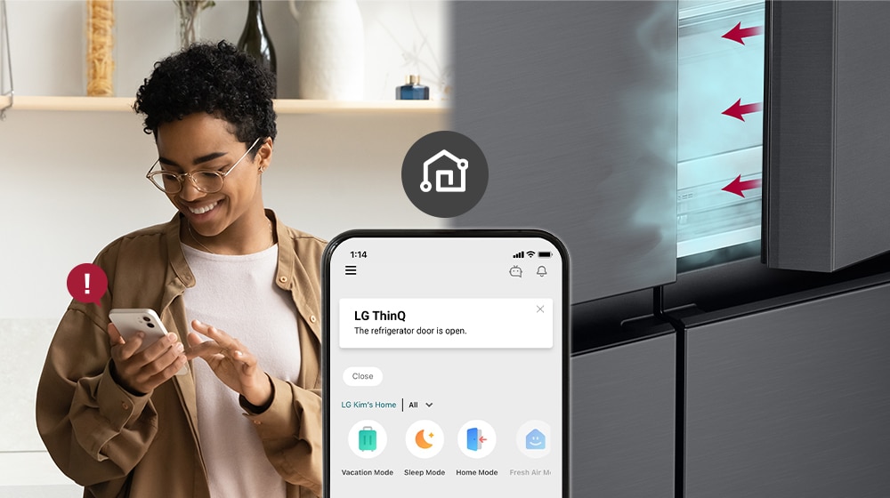 The image on the left shows the person looking at the smartphone. The image on the right shows that the refrigerator door has been left open. In the foreground of the two images is the phone screen which shows the LG ThinQ app notifications and the Wi-Fi icon above the phone.