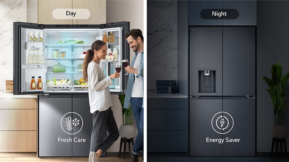 The image on the left shows a couple holding glasses during the day in front of an open refrigerator. Only one side of the refrigerator is open, and blue cold air is flowing out of the refrigerator. The thermometer icon, which means cold air, is located below the image. The image on the right shows the refrigerator in the kitchen on a dark night. Below the image is an electric icon, which means energy saving.