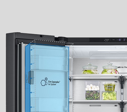 Inside the refrigerator, a slim indoor ice maker is highlighted in blue and the refrigerator is full of ingredients