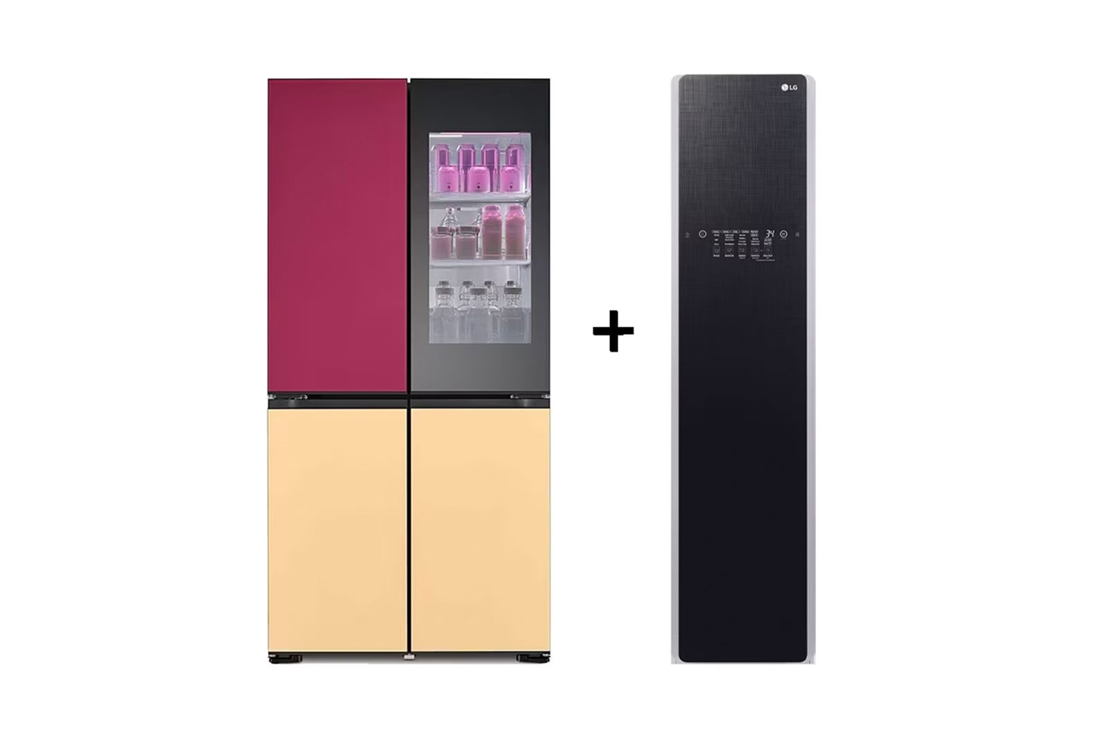 Front view of 617L French Door Fridge with MoodUP® LED Door Panels + Styler Steam Clothing Care System® with ThinQ® - 3 Garment in Black Glass GF-MV600-S3