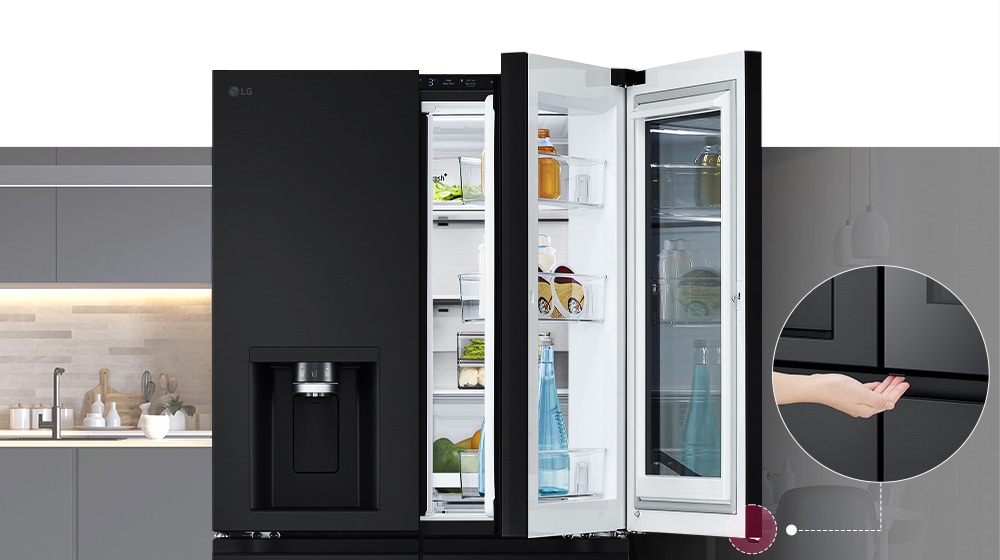 The front view of a Black Glass InstaView refrigerator. The door-in-door of the refrigerator is open. There's a small screen that explains where a concealed opening button is to open the door.