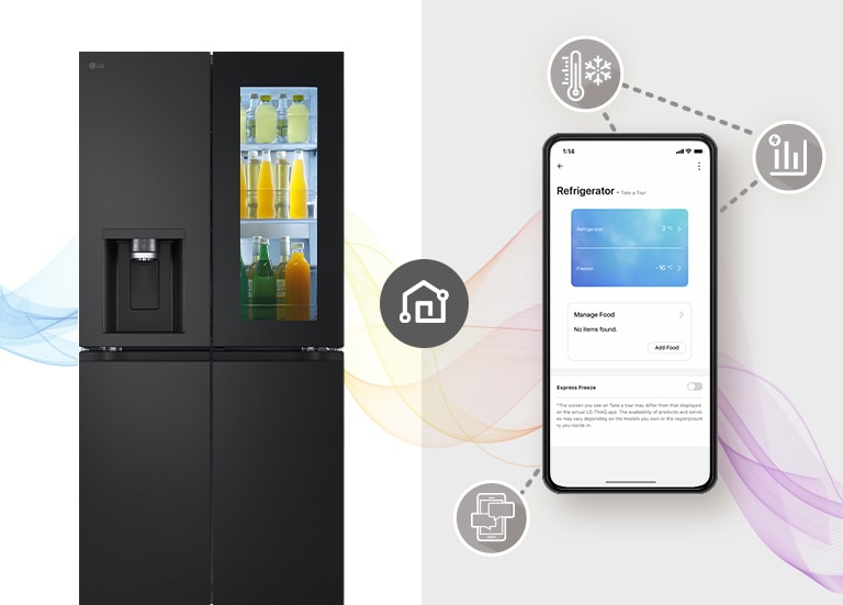 Graphic showing fridge on left hand side with mobile phone on right hand side. The mobile phone shows the ThinQ app interacting with the fridge, with iconography representing temperature, communication and graphs/data.
