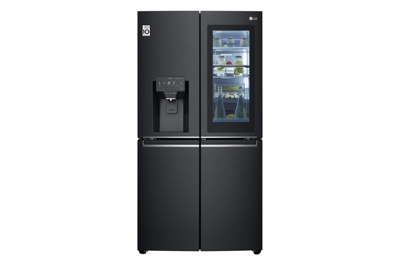 Front view of 852L French Door Fridge, with InstaView Door-In-Door®, in Matte Black finish GF-V910MBL