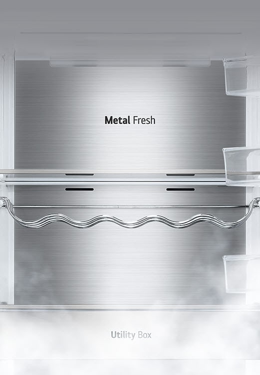 The interior of the fridge is shown empty with the wine rack and shelf in place and the back which is labeled "Metal Fresh".
