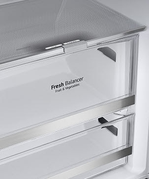 The metallic decorations inside the fridge on the drawers are highlighted and labeled "Metallic Decoration" on the photo.