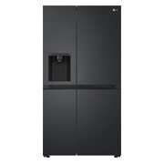 Front view of smart fridge GS-L600MBLwith ice and water dispenser, WiFi enabled, side by side design.