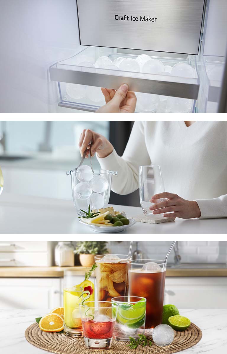 Two images are side by side. The left image shows the interior of the freezer and the Craft Ice Maker in the top with perfectly round ice cubes in the drawer. The right image shows a hand using tongs to grab round ice cubes to put in a glass.