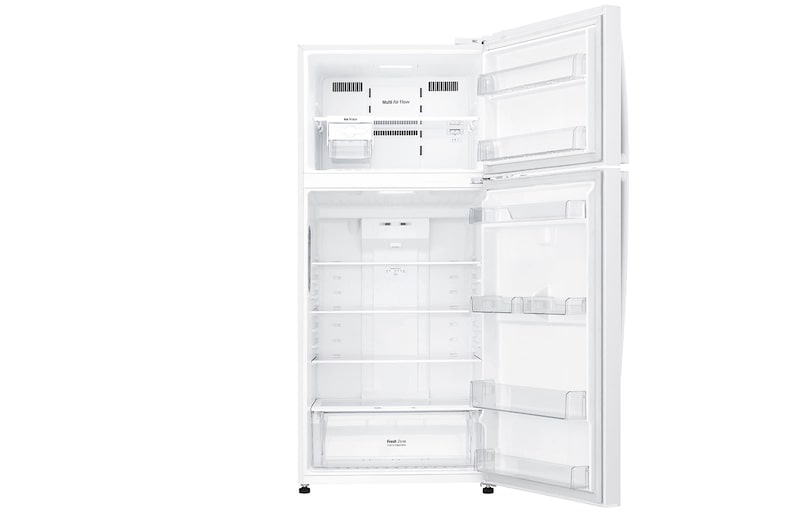 Inside view of empty LG GT-515WDC white finish top mount fridge freezer