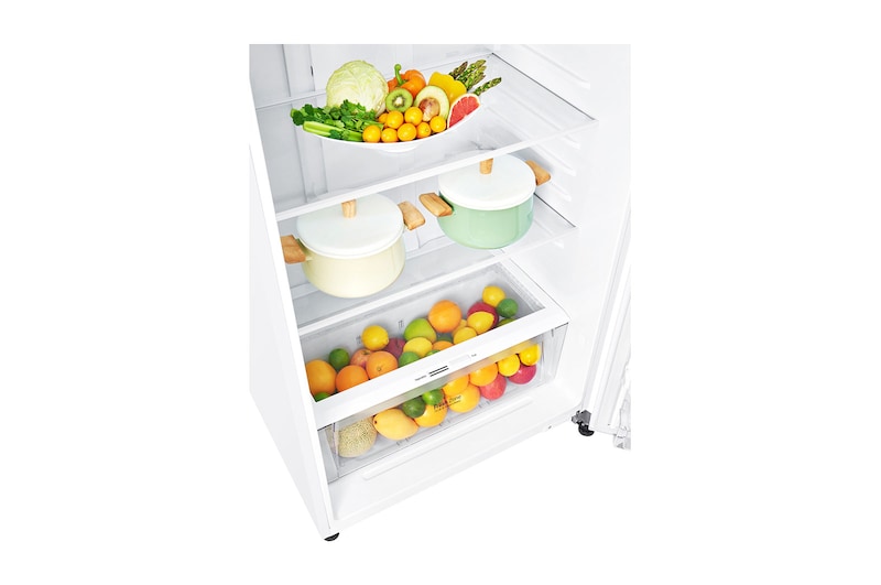 Inside view of white finish top mount fridge freezer LG GT-515WDC
