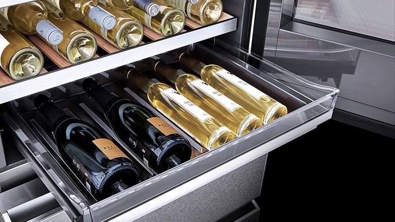 Red and white wines are placed on the LG SIGNATURE Wine Cellar's storage.