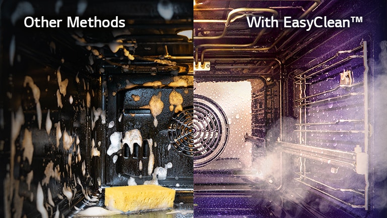 As a split image, the left image shows the inside of the bubbly oven and the right image shows steam coming out of the inside of the oven.