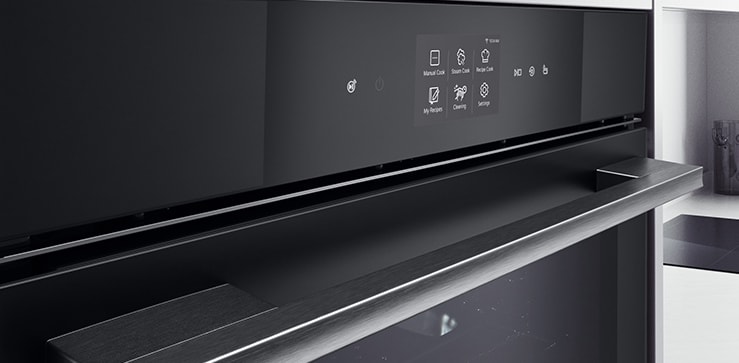 Close-up image of oven showing matte black finish.