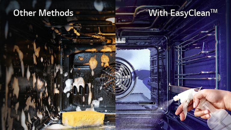 As a split image, the left image shows the inside of the bubbly oven and the right image shows steam coming out of the inside of the oven.