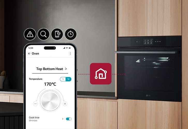 An image of an oven and a smartphone connected through ThinQ. There is an icon that expresses the functions of ThinQ, smart diagnostics, monitoring, product notifications, timer.