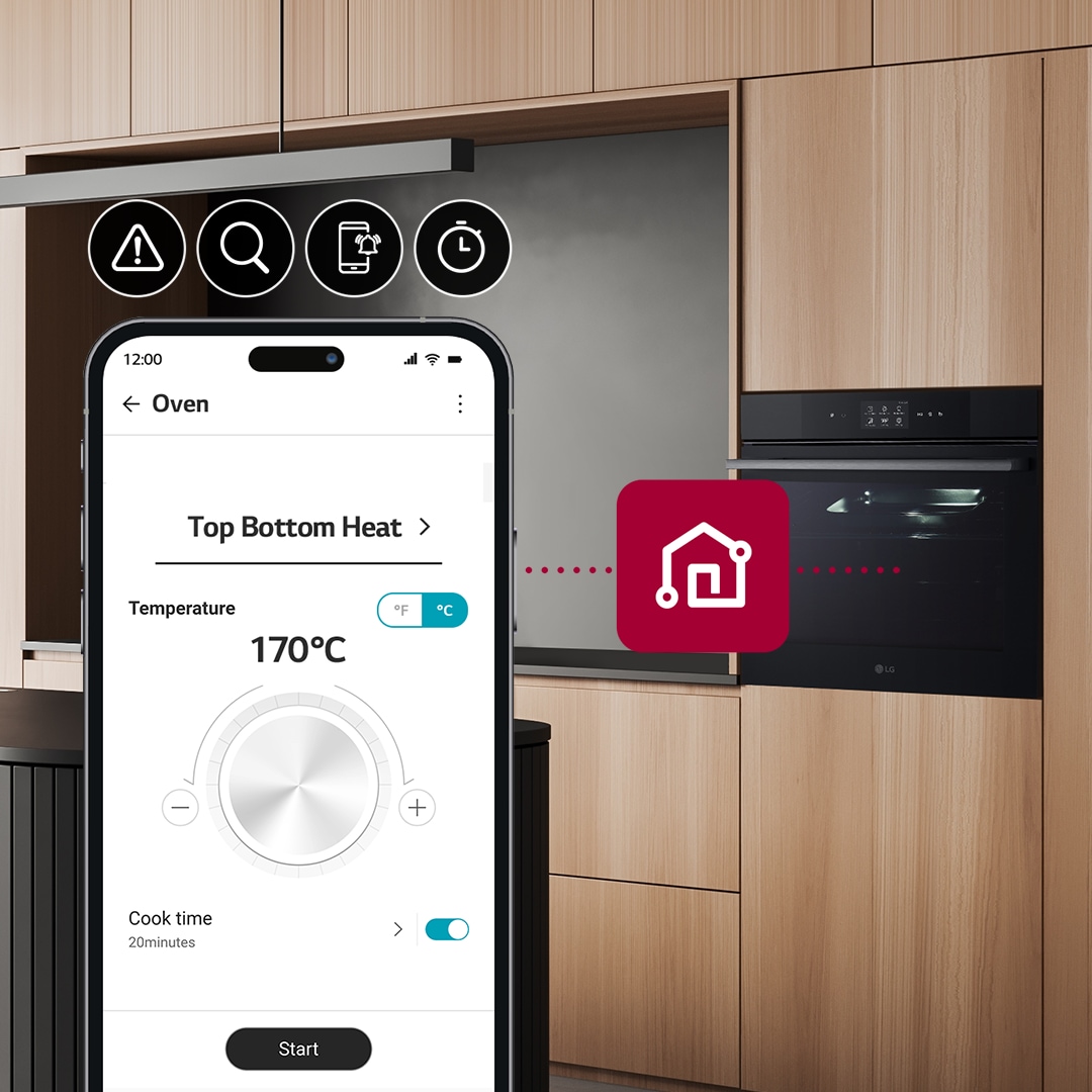 Smartphone controls LG oven's temperature and cook time in modern wooden kitchen.
