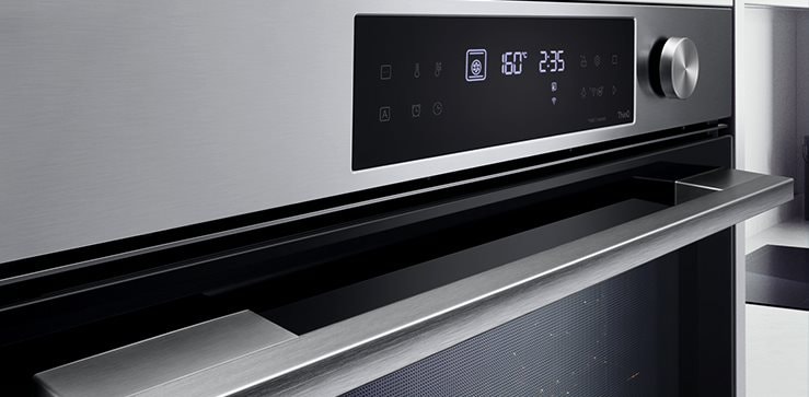 Close-up image of oven showing matte black finish.