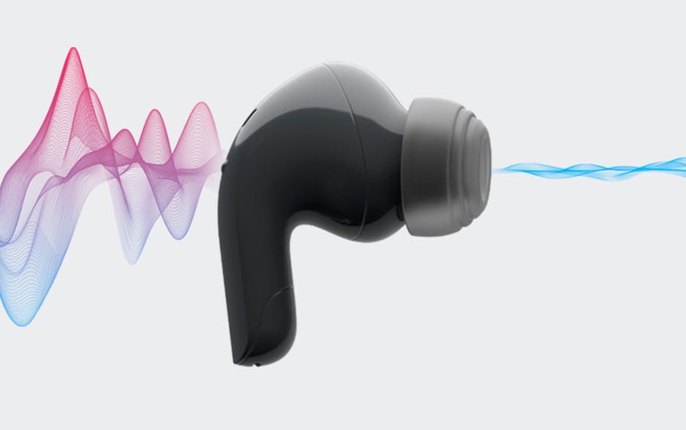 T90 earbud seen from the side. Colorful soundwaves go through the earbud and are quietened by Active Noise Cancellation. The earbud is seen worn in an ear, then the view turns back to the earbud with soundwaves pulsating through.