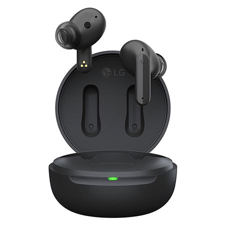 Image with earbuds floating over a closed cradle.