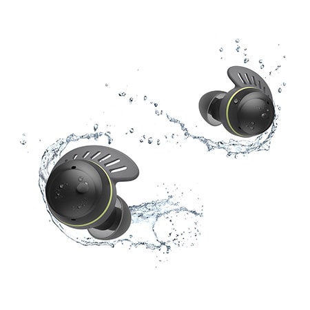 TONE Free fit earbuds being splashed by water and droplets.