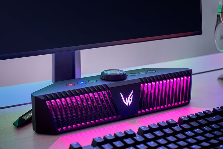 An animation that shows different colors of a lighting changing on a gaming speaker