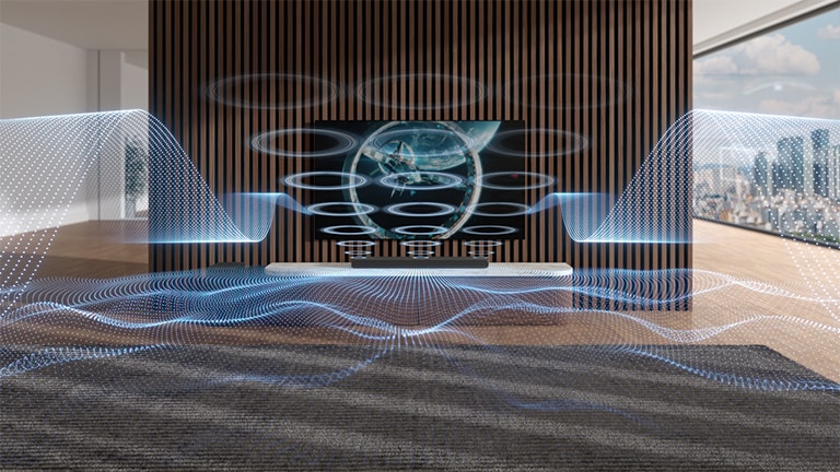 Variously figured blue-colored sound waves are being released from Sound Bar and TV.