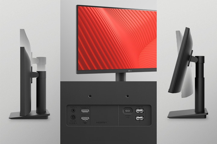 The image shows slim bezel on three sides, various ports, and the tilt view of the monitors.