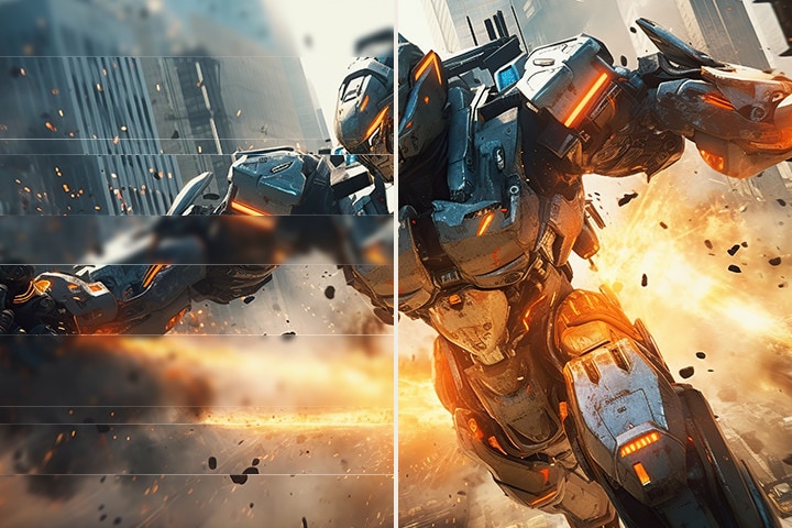 Comparison of fluid gaming image - The left image is tearing, and the Right image is tear-free.