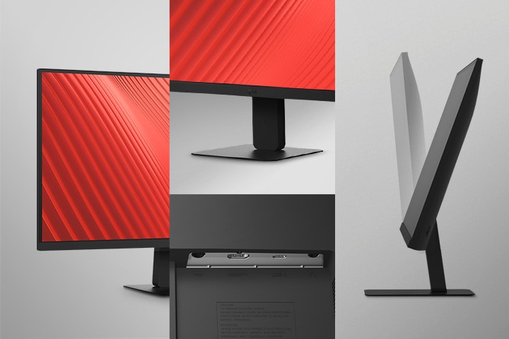 The image shows slim bezel on three sides, a sleek stand, various ports, and the tilt view of the monitors.