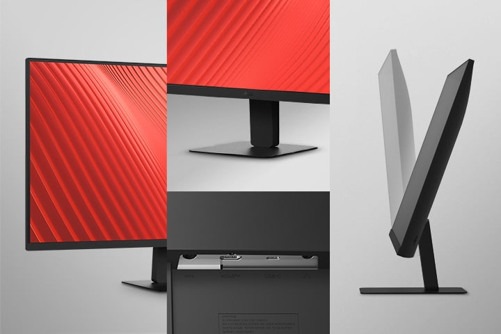 The image shows slim bezel on three sides, a sleek stand, various ports, and the tilt view of the monitors.