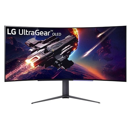 Front view of the LG 45 inch UltraGear™ (45GR95QE-B) Curved OLED gaming monitor with 240Hz refresh rate and 0.03ms (GtG) response time