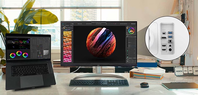 LG UltraFine™ is compatible with various types of devices by providing USB Type-C™, DisplayPort, HDMI port, and two USB ports.