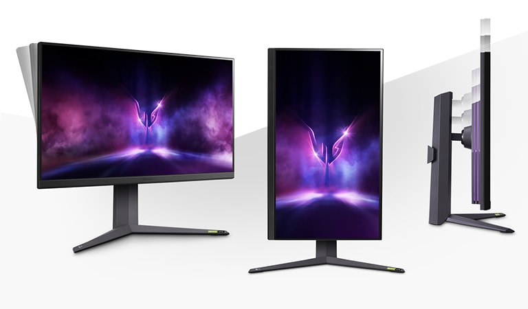 The image shows 3 modes of the 3-side borderless monitor for gamers to play games comfortably, tilting, height adjustment, and pivoting.