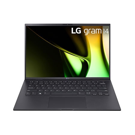 Front view of the 14 Inch LG gram (14Z90S-G.AA75A) laptop with keyboard, featuring 16GB RAM and Intel Ultra 7 Core