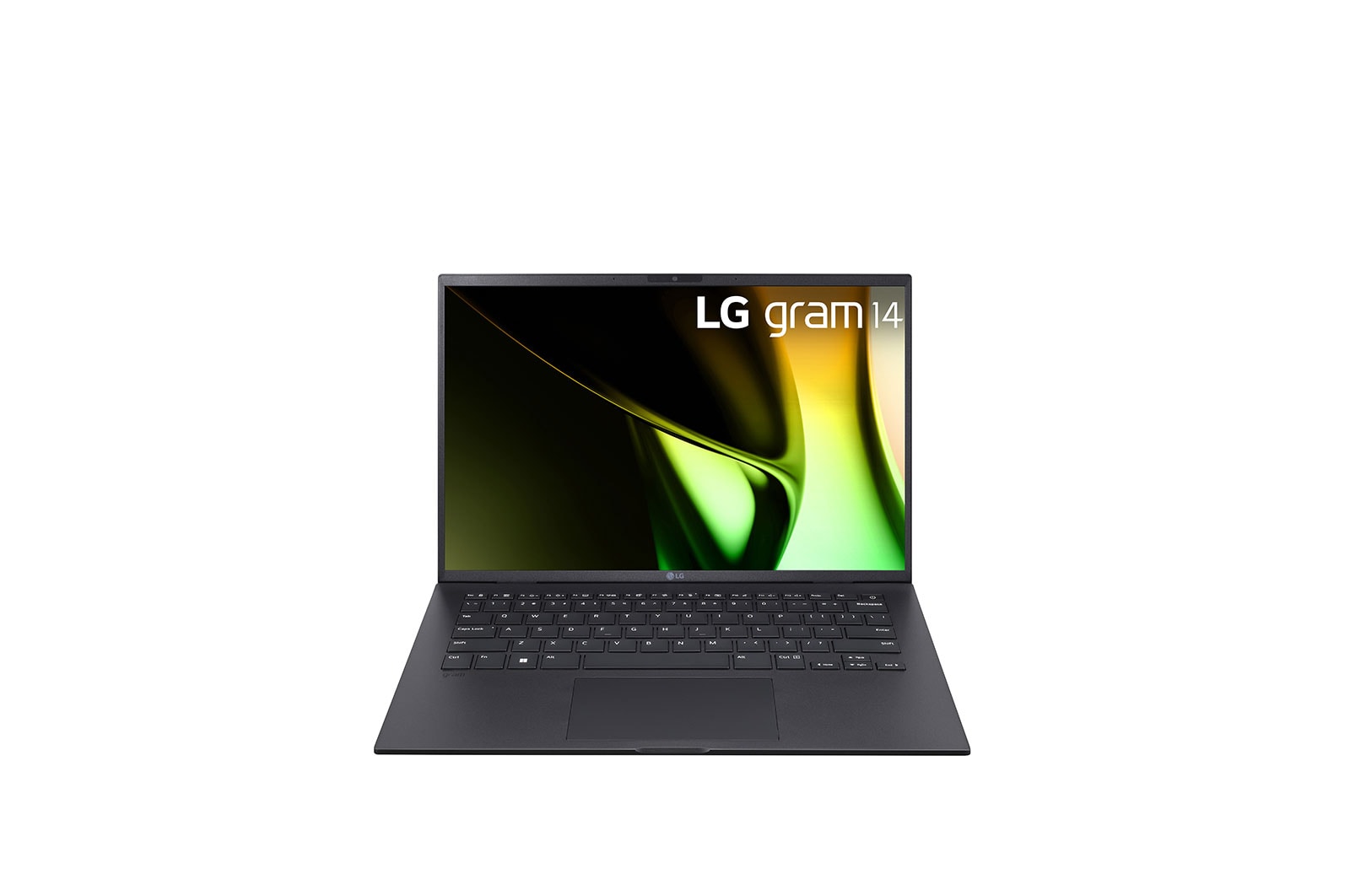 Front view of the 14 Inch LG gram (14Z90S-G.AA75A) laptop with keyboard, featuring 16GB RAM and Intel Ultra 7 Core