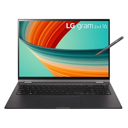 Front view of the 16 Inch LG gram 2 in 1 (16T90R-G-AP55A) laptop with keyboard and a Stylus Pen, featuring 16GB RAM and Intel Core i5