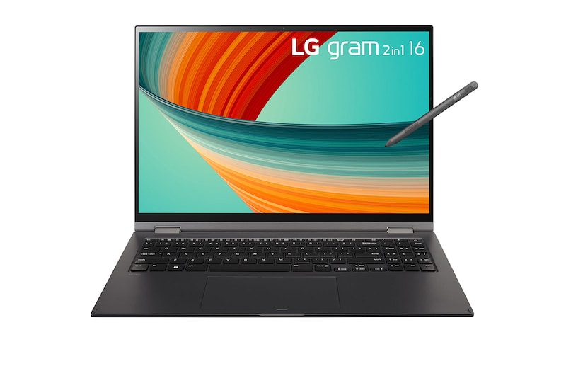 Front view of the 16 Inch LG gram 2 in 1 (16T90R-G-AP55A) laptop with keyboard and a Stylus Pen, featuring 16GB RAM and Intel Core i5