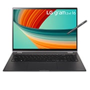 Front view of the 16 Inch LG gram 2 in 1 (16T90R-G-AP55A) laptop with keyboard and a Stylus Pen, featuring 16GB RAM and Intel Core i5