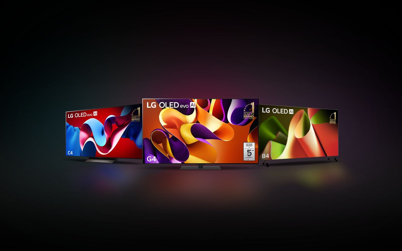 : A lineup of various LG OLED TVs, including LG SIGNATURE OLED 8K and LG OLED evo models, displaying vibrant, colourful abstract designs on their screens, set against a dark background.