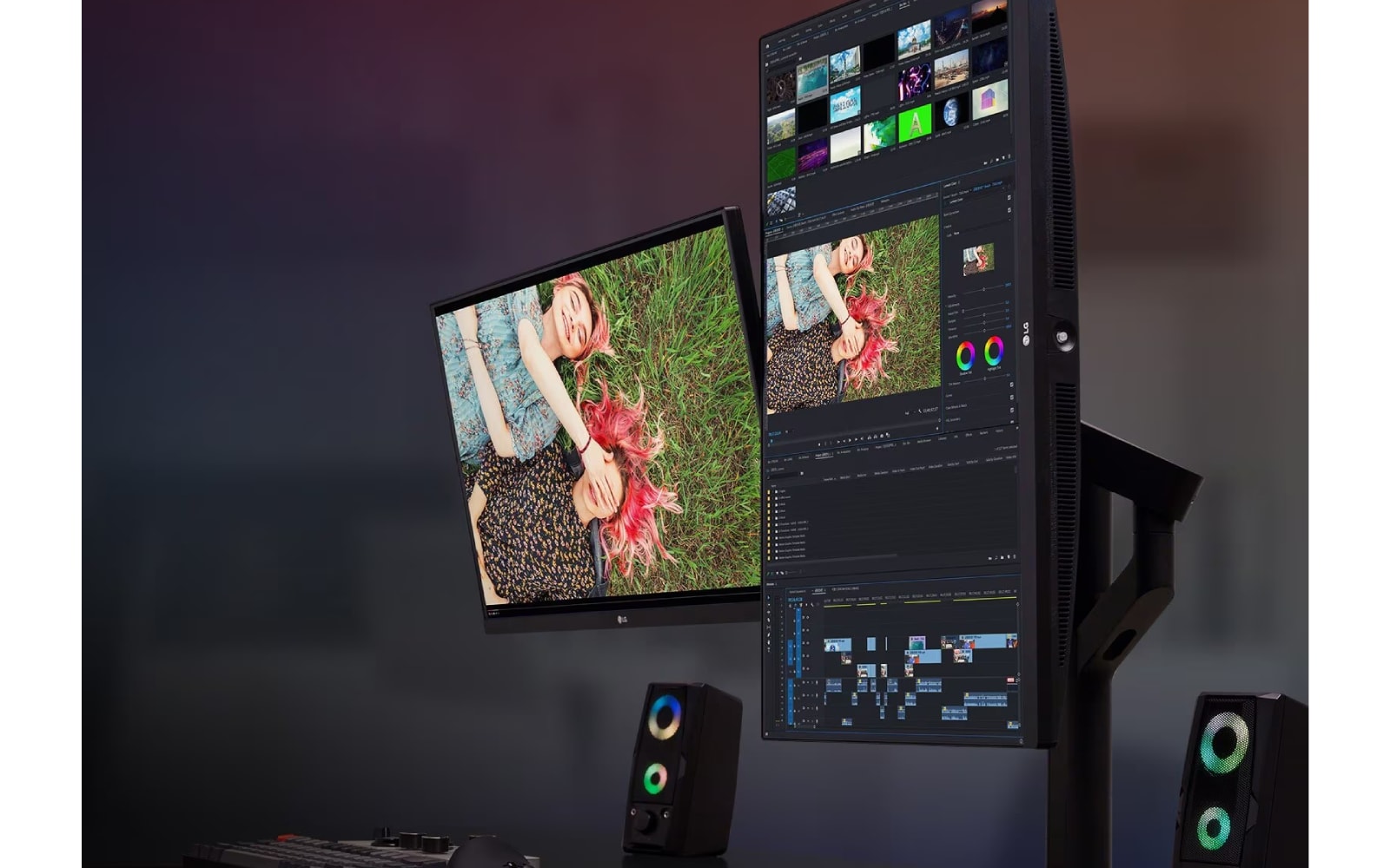 A computer monitor displays an image of two women lying on the grass. There is another vertical monitor next to it.