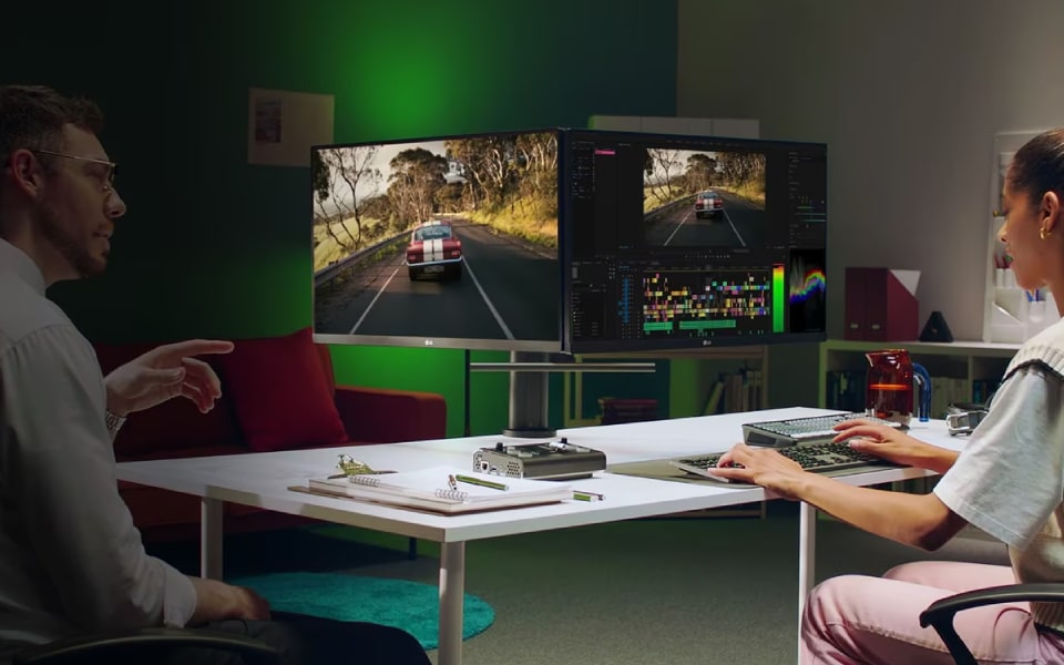 Two people sit at a desk with their own individual monitors. These monitors are connected on one side, creating the impression of a dual monitor.