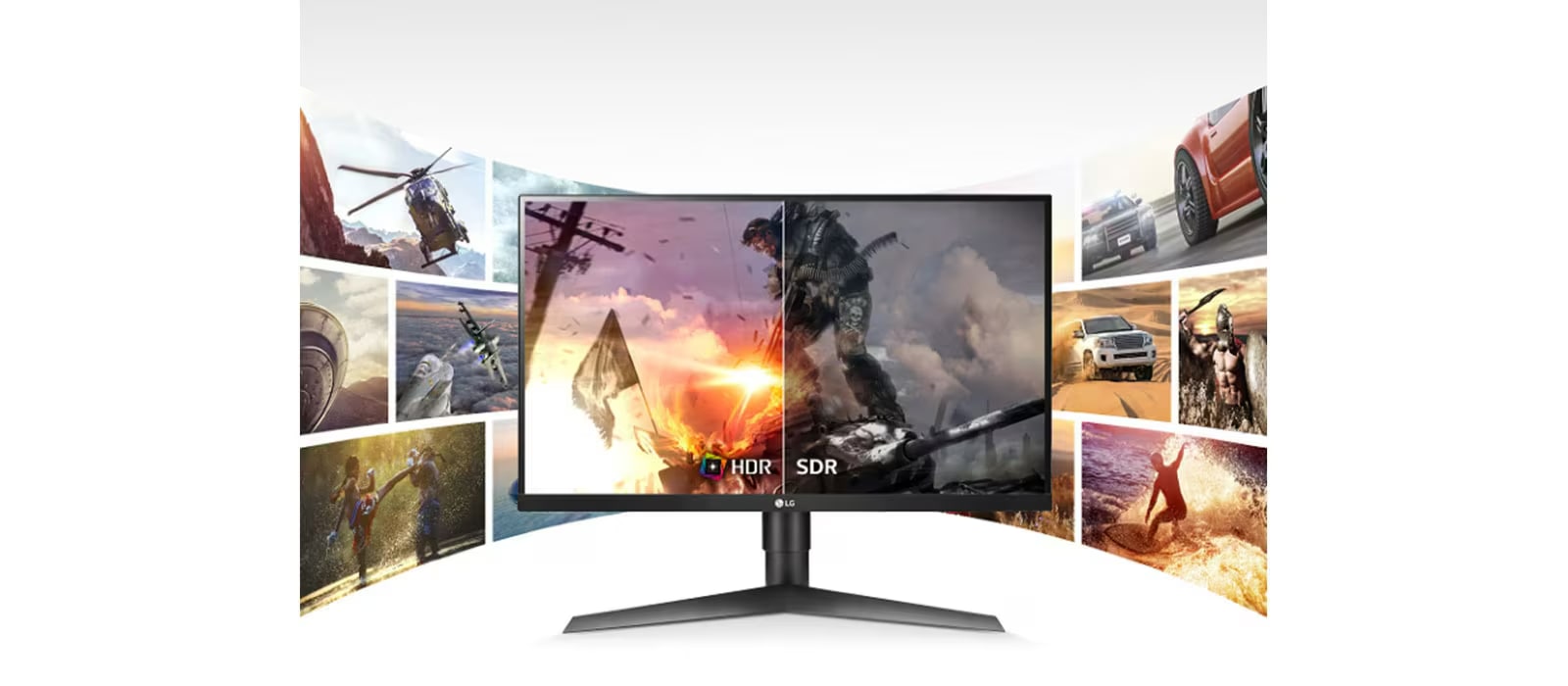 LG budget gaming monitor displaying HDR and SDR comparison, highlighting immersive gaming experience and wide viewing angles.