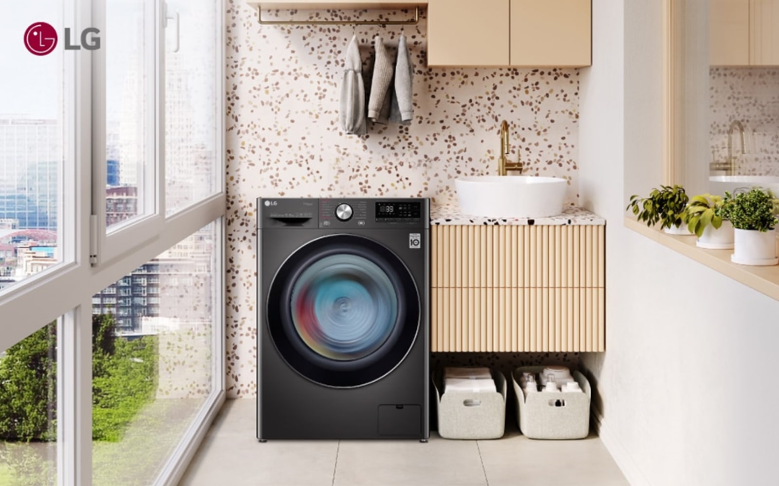 LG front-load washing machine in a compact space, ideal for small homes with a large capacity drum for efficient laundry