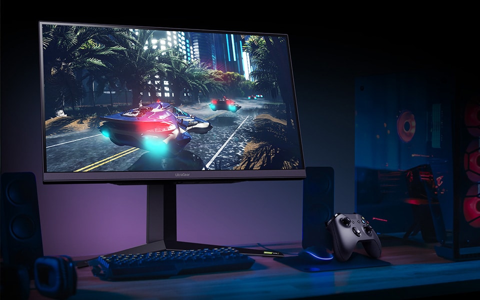 LG UltraGear gaming monitor displaying intense racing gameplay with vivid colours and sharp details, optimised for high-performance gaming.