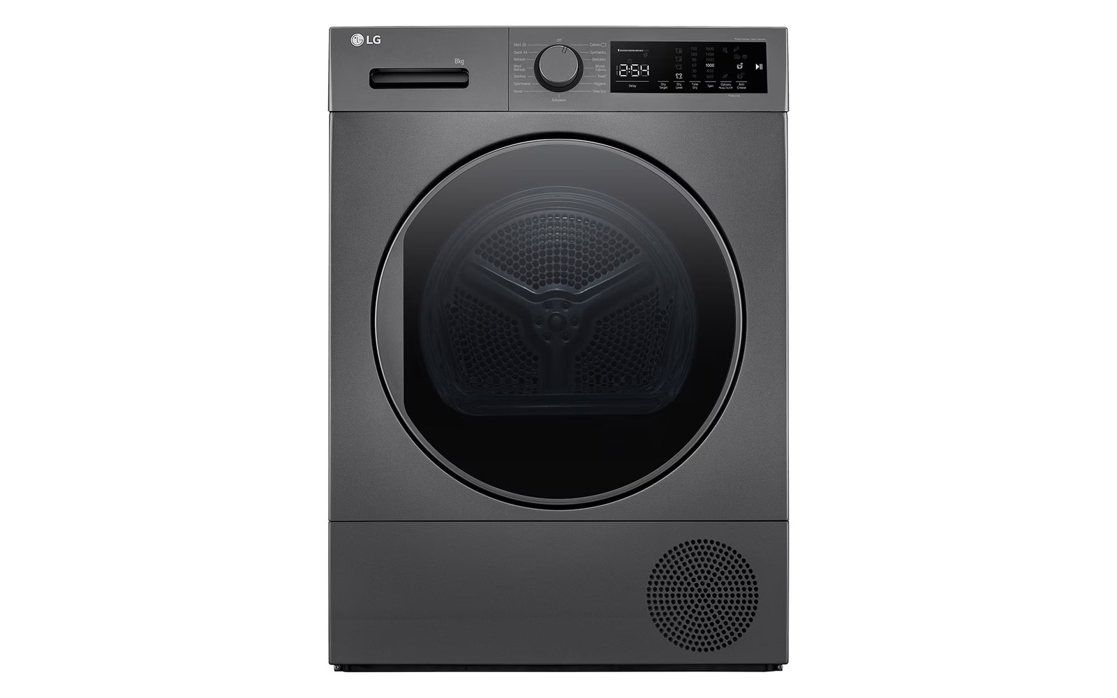 A front-loading LG dryer in a modern dark grey finish. It features a large black door with a transparent centre, a digital control panel, and a circular vent at the bottom, emphasising both its stylish design and advanced functionality.