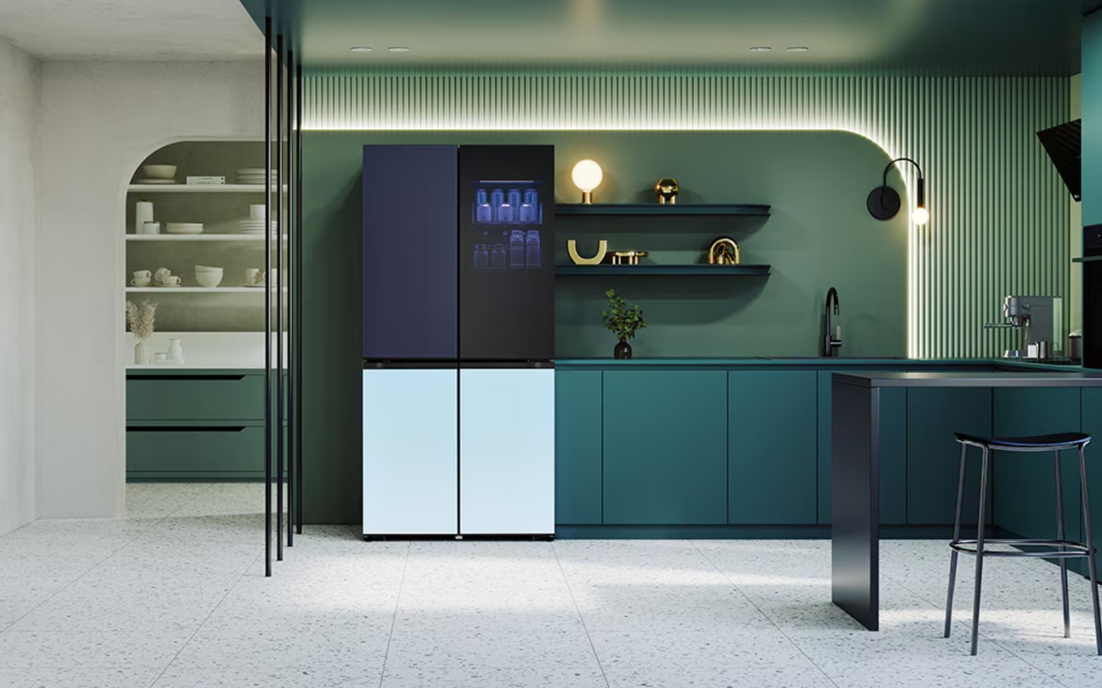 Modern kitchen with sleek teal cabinetry, an LG MoodUP Refrigerator with a gradient door, open shelving, minimalist decor, and a large island with bar stools. Natural light floods the space through a large window.